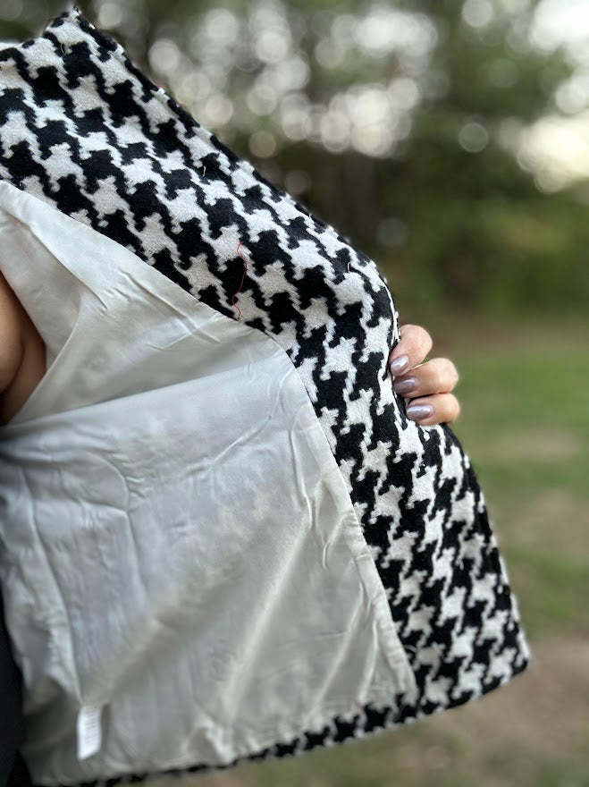 Houndstooth Button-Front Jacket with Red Ric Rac Trim