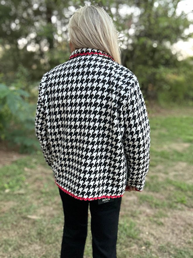 Houndstooth Button-Front Jacket with Red Ric Rac Trim