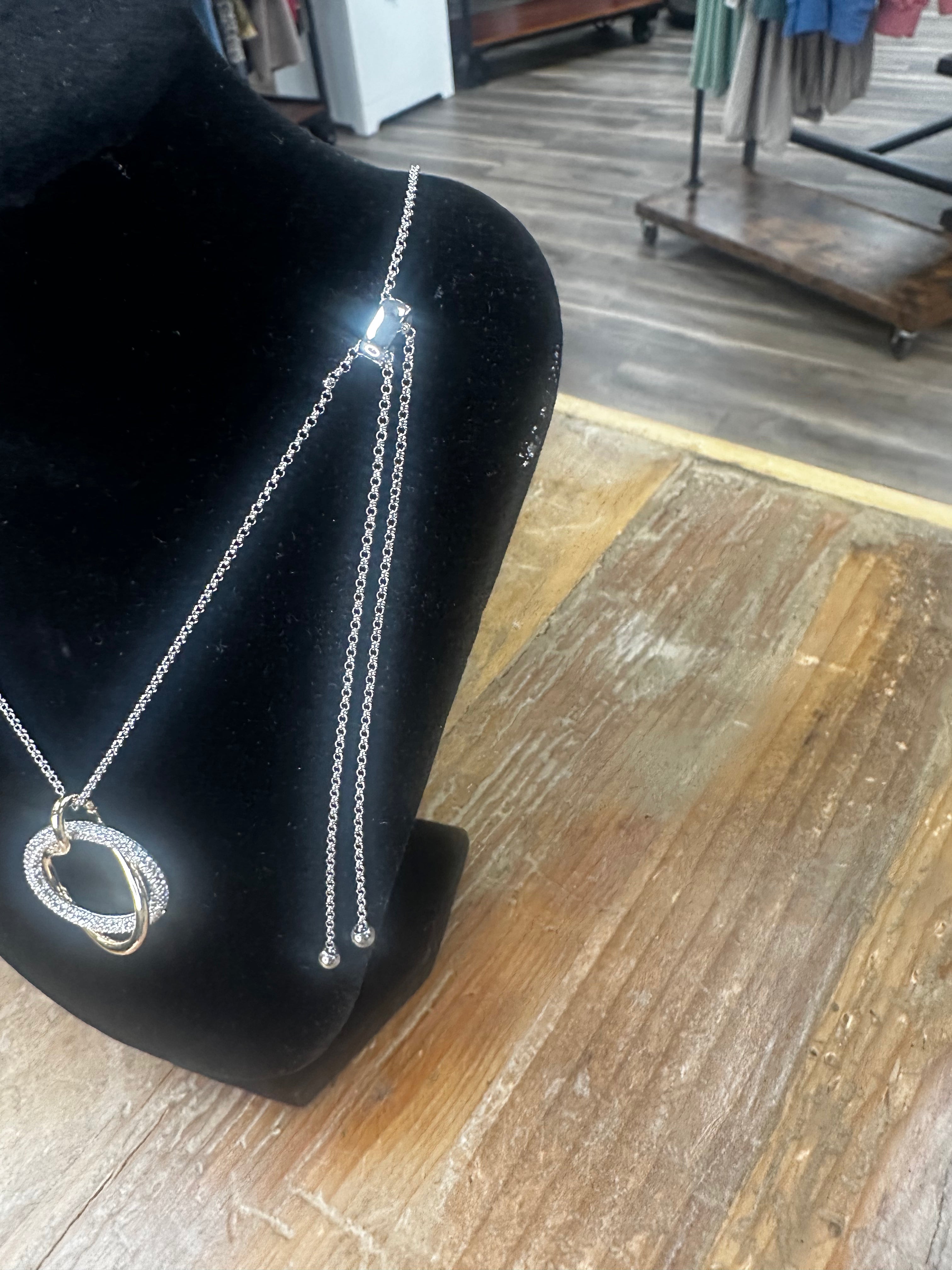 mixed metal necklace, pavé pendant necklace, adjustable pull chain necklace, long statement necklace, silver and gold necklace, anti tarnish jewelry