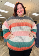 striped sweater, fall sweater, textured knit sweater, cozy pullover, boutique knitwear, chunky sweater, multicolor stripe top, oversized sweater, fall outfit, soft casual sweater