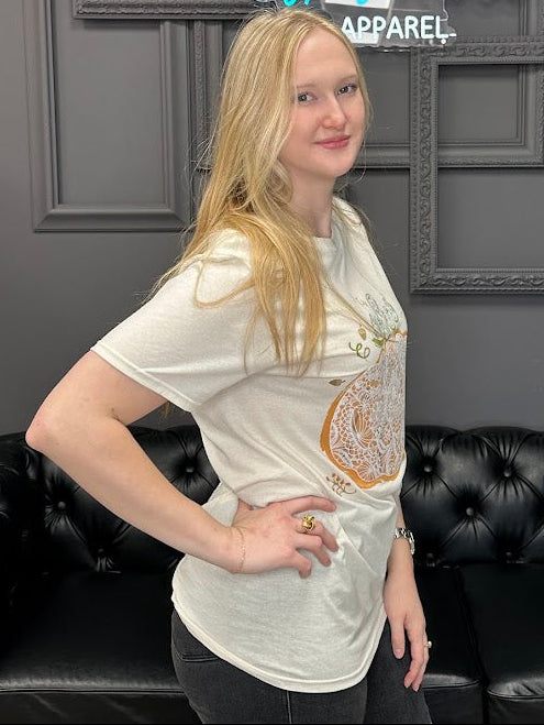 pumpkin graphic tee, fall t-shirt, lace pumpkin shirt, boutique fall tee, autumn graphic tee, lightweight t-shirt, neutral fall top, soft cotton tee, women’s fall fashion, cozy fall outfit