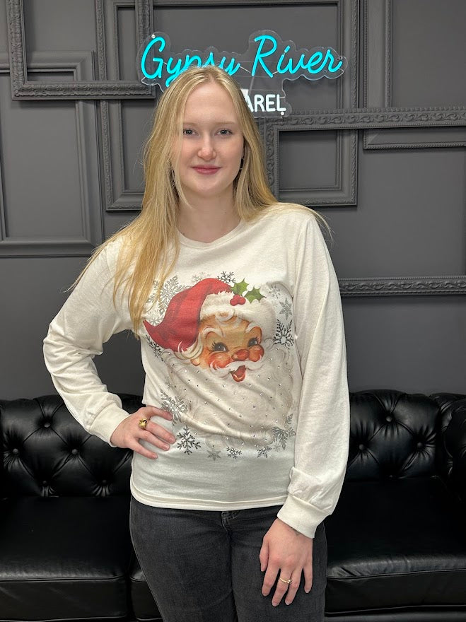 vintage santa shirt, rhinestone christmas top, holiday long sleeve tee, festive graphic shirt, retro santa claus shirt, christmas rhinestone tee, santa boyfriend tee, women’s holiday shirt