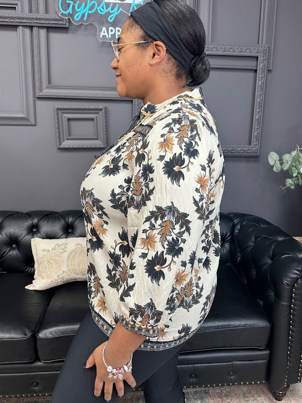 floral fall blouse, tassel tie top, decorative trim blouse, 3/4 sleeve blouse, fall print top, lightweight woven blouse, boutique fall top, women’s floral top, rayon blouse, boho fall outfit