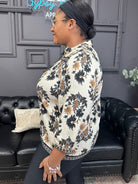 floral fall blouse, tassel tie top, decorative trim blouse, 3/4 sleeve blouse, fall print top, lightweight woven blouse, boutique fall top, women’s floral top, rayon blouse, boho fall outfit