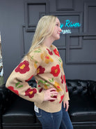 floral sweater, fall knit top, colorful sweater, women’s boutique sweater, cozy flower sweater, soft knit pullover, tan floral top, fun fall outfit, bright sweater for women, casual chic knit