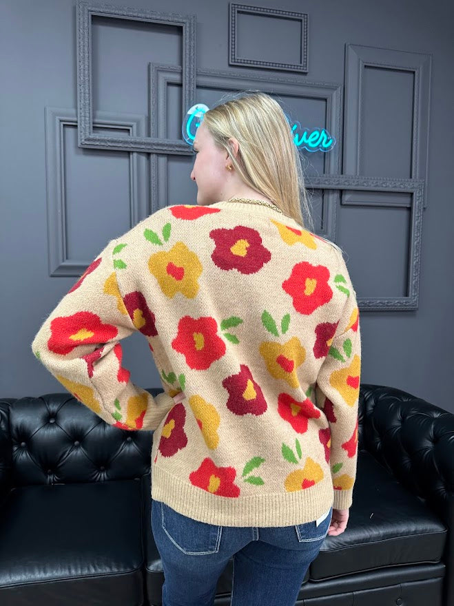 floral sweater, fall knit top, colorful sweater, women’s boutique sweater, cozy flower sweater, soft knit pullover, tan floral top, fun fall outfit, bright sweater for women, casual chic knit