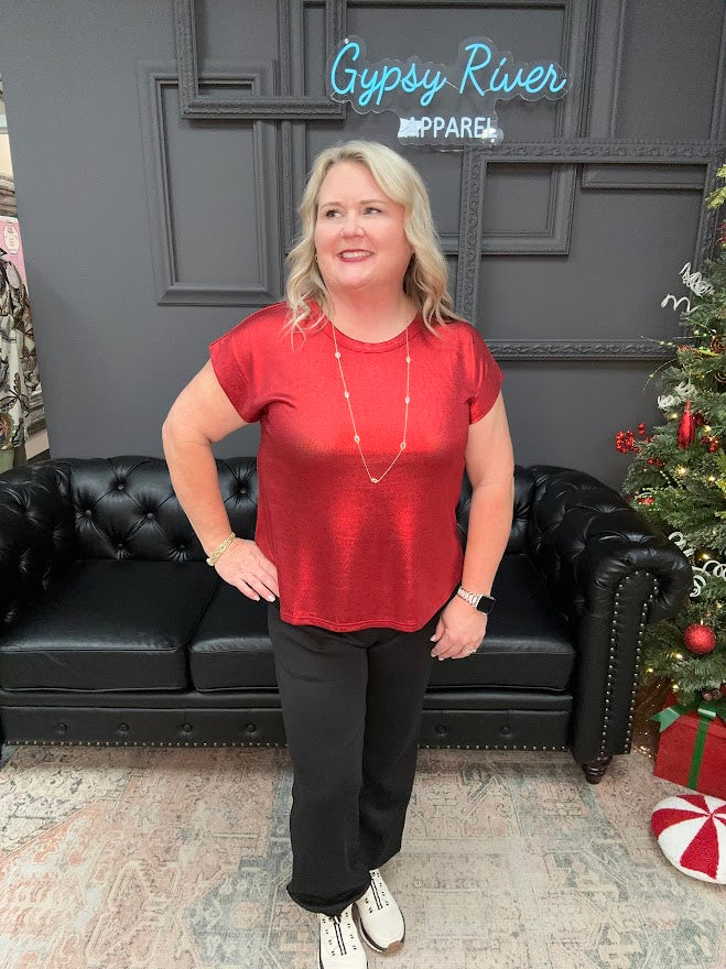 metallic top, shimmer shirt, gold top, red top, sparkle blouse, holiday top, festive shirt, party outfit, boutique metallic tee, shiny knit top, women’s holiday clothing, casual glam top, New Year’s Eve outfit