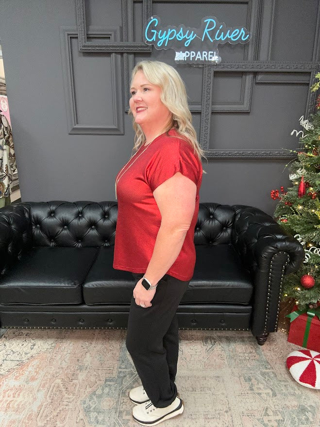 metallic top, shimmer shirt, gold top, red top, sparkle blouse, holiday top, festive shirt, party outfit, boutique metallic tee, shiny knit top, women’s holiday clothing, casual glam top, New Year’s Eve outfit