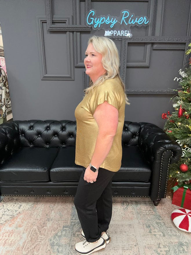 metallic top, shimmer shirt, gold top, red top, sparkle blouse, holiday top, festive shirt, party outfit, boutique metallic tee, shiny knit top, women’s holiday clothing, casual glam top, New Year’s Eve outfit