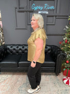 metallic top, shimmer shirt, gold top, red top, sparkle blouse, holiday top, festive shirt, party outfit, boutique metallic tee, shiny knit top, women’s holiday clothing, casual glam top, New Year’s Eve outfit