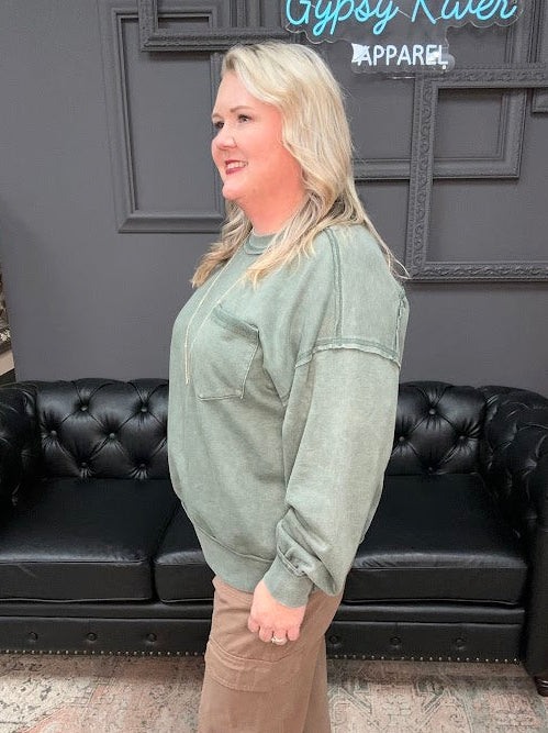 mineral wash pullover, sage green sweatshirt, french terry top, relaxed fit top, cozy casual sweater, cotton crewneck, boutique sweatshirt, weekend wear, comfy oversized pullover, soft lounge top
