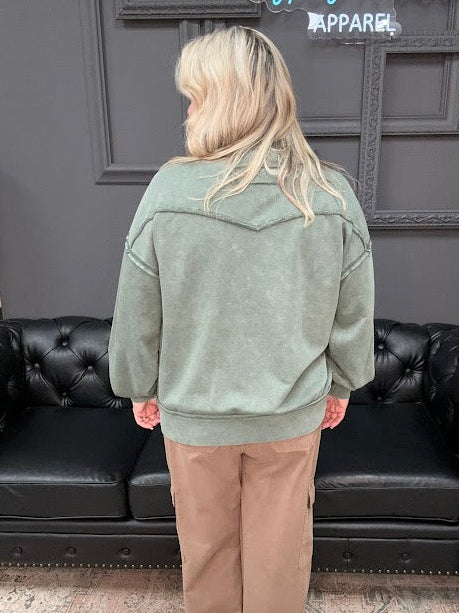 mineral wash pullover, sage green sweatshirt, french terry top, relaxed fit top, cozy casual sweater, cotton crewneck, boutique sweatshirt, weekend wear, comfy oversized pullover, soft lounge top