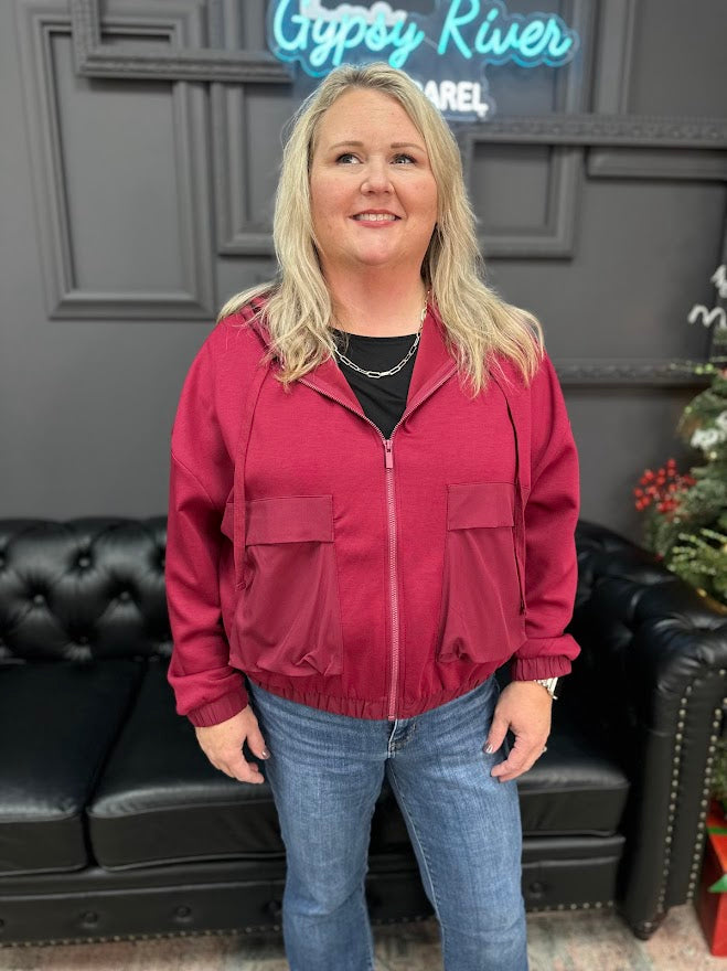 scuba hoodie jacket, soft scuba zip up, women’s full zip hoodie, relaxed fit hoodie, utility pocket hoodie, lightweight jacket women, everyday hoodie, flap pocket zip up, casual zip jacket, comfy layering jacket, Gypsy River hoodie, magenta scuba jacket