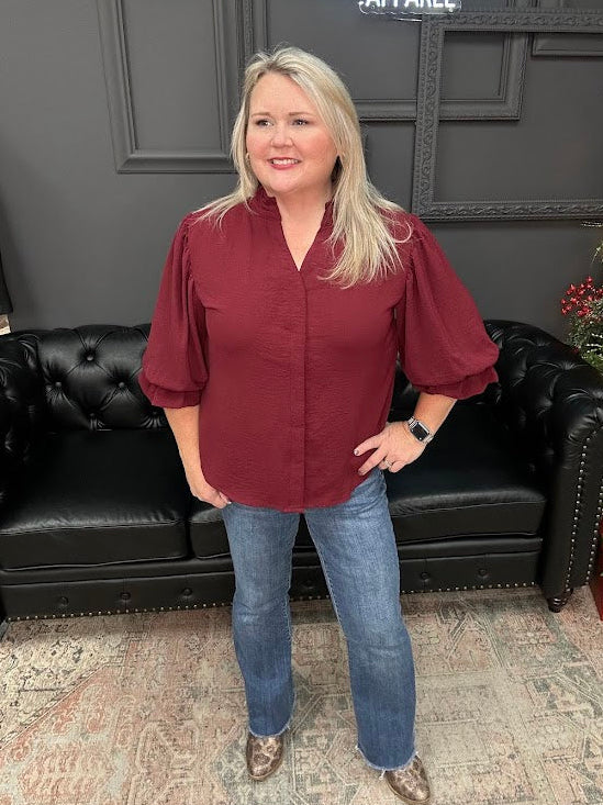 burgundy blouse, women’s dressy top, gathered sleeve blouse, v-neck collar blouse, fall blouses for women, holiday tops, workwear blouse, casual dressy top, Gypsy River top, textured blouse, wine red top