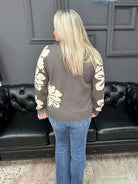 floral sweater top, half zip knit top, mock neck floral sweater, viscose blend sweater, long sleeve floral knit, patterned sleeve sweater, Gypsy River sweater, cozy floral top