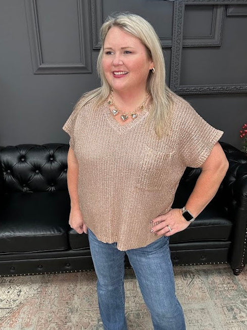 metallic sweater top, shimmer knit top, v-neck sweater tee, coated sweater top, dressy short sleeve top, holiday top, gold shimmer top, burgundy metallic top, Gypsy River top, viscose sweater tee, lightweight shimmer blouse