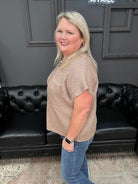 metallic sweater top, shimmer knit top, v-neck sweater tee, coated sweater top, dressy short sleeve top, holiday top, gold shimmer top, burgundy metallic top, Gypsy River top, viscose sweater tee, lightweight shimmer blouse