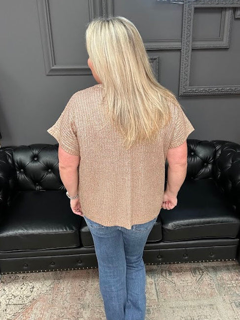 metallic sweater top, shimmer knit top, v-neck sweater tee, coated sweater top, dressy short sleeve top, holiday top, gold shimmer top, burgundy metallic top, Gypsy River top, viscose sweater tee, lightweight shimmer blouse