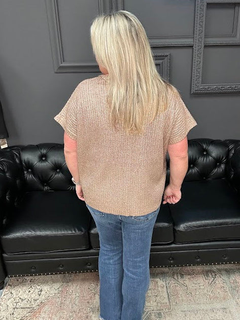 metallic sweater top, shimmer knit top, v-neck sweater tee, coated sweater top, dressy short sleeve top, holiday top, gold shimmer top, burgundy metallic top, Gypsy River top, viscose sweater tee, lightweight shimmer blouse
