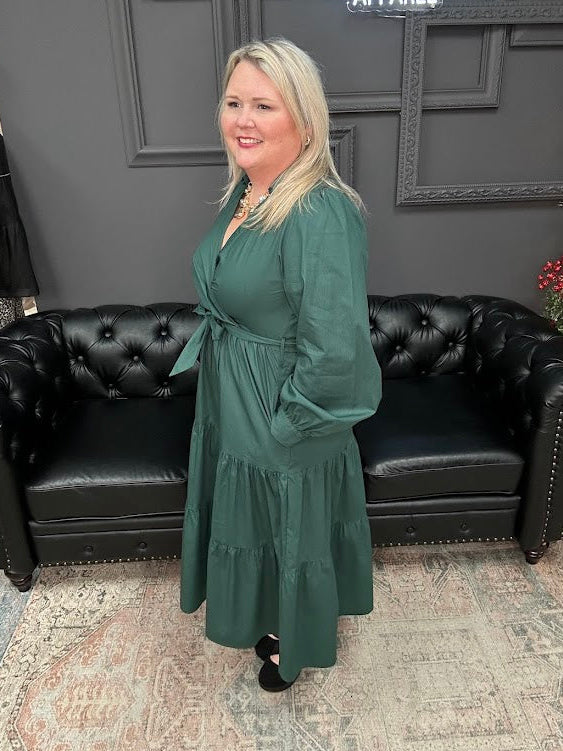 surplice midi dress, cotton tiered dress, long sleeve wrap style dress, green midi dress, dress with pockets, fall midi dress, holiday dress women, Gypsy River dress, breathable cotton dress