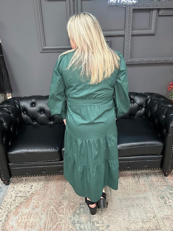 surplice midi dress, cotton tiered dress, long sleeve wrap style dress, green midi dress, dress with pockets, fall midi dress, holiday dress women, Gypsy River dress, breathable cotton dress