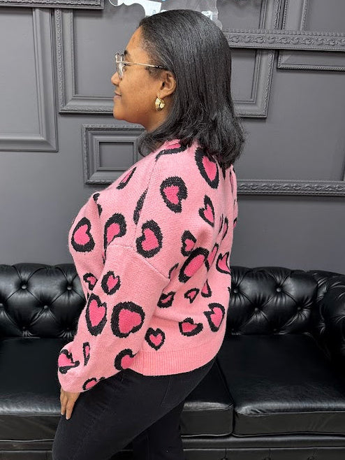 leopard heart sweater, Valentine sweater, heart sweater top, women’s novelty sweater, boutique sweaters, Gypsy River Apparel