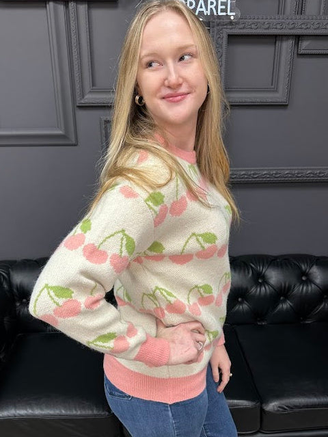 Valentine sweater, cherry sweater, heart pattern sweater, women’s novelty sweater, cute Valentine top, boutique sweaters, Gypsy River Apparel