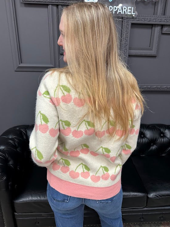 Valentine sweater, cherry sweater, heart pattern sweater, women’s novelty sweater, cute Valentine top, boutique sweaters, Gypsy River Apparel