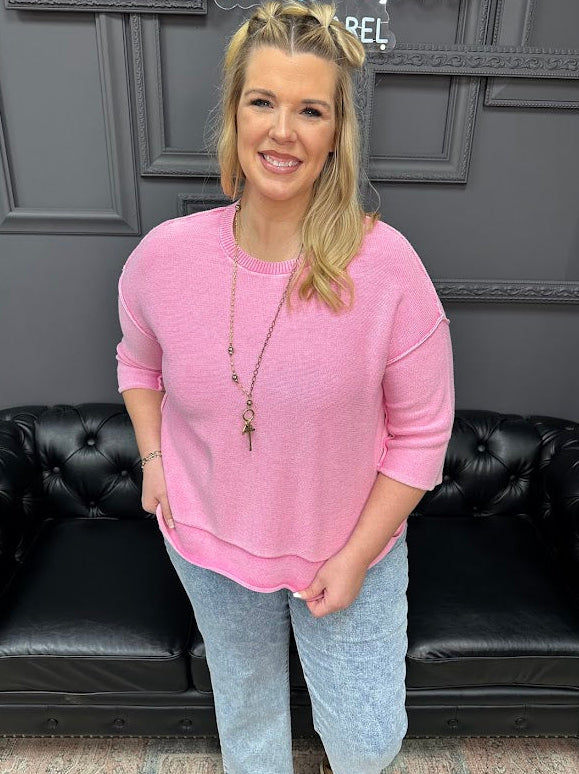 washed cotton sweater, boxy sweater, 3/4 sleeve sweater, women’s casual sweater, everyday sweater, boutique tops, Gypsy River Apparel