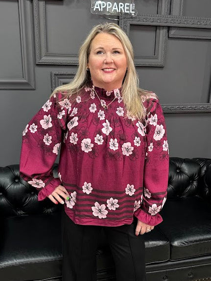 floral blouse, smocked neckline top, ruffle neck blouse, women’s floral top, boutique blouse, everyday blouse, Gypsy River Apparel