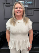 linen blend top, smocked peplum top, scalloped sleeve blouse, women’s summer top, matching set top, boutique tops, Gypsy River Apparel