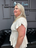 linen blend top, smocked peplum top, scalloped sleeve blouse, women’s summer top, matching set top, boutique tops, Gypsy River Apparel