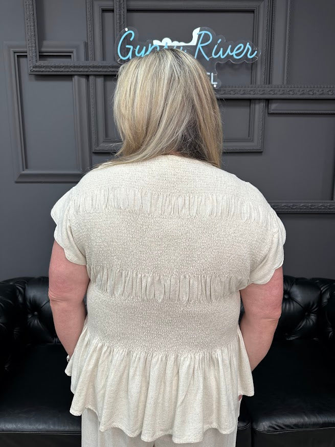 linen blend top, smocked peplum top, scalloped sleeve blouse, women’s summer top, matching set top, boutique tops, Gypsy River Apparel
