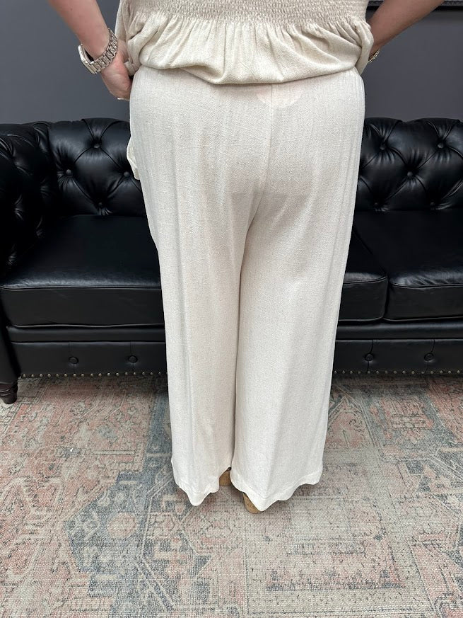 linen blend pants, wide leg pants, scallop hem pants, elastic waist pants, summer pants, matching set pants, boutique bottoms, Gypsy River Apparel