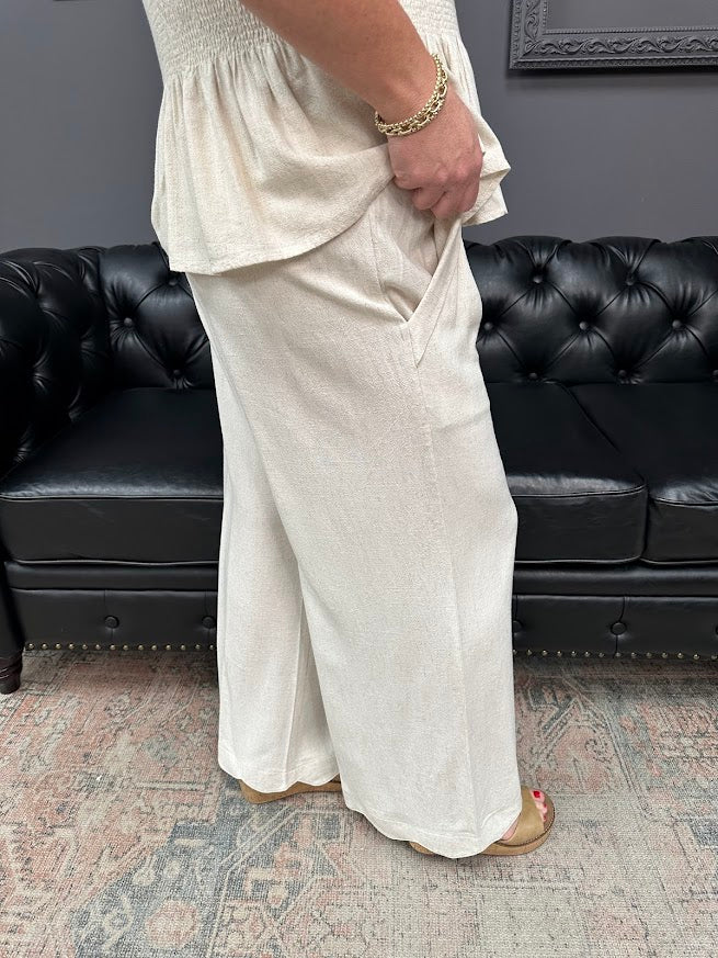 linen blend pants, wide leg pants, scallop hem pants, elastic waist pants, summer pants, matching set pants, boutique bottoms, Gypsy River Apparel