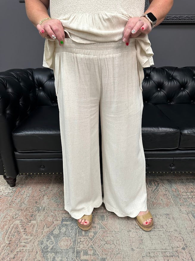linen blend pants, wide leg pants, scallop hem pants, elastic waist pants, summer pants, matching set pants, boutique bottoms, Gypsy River Apparel