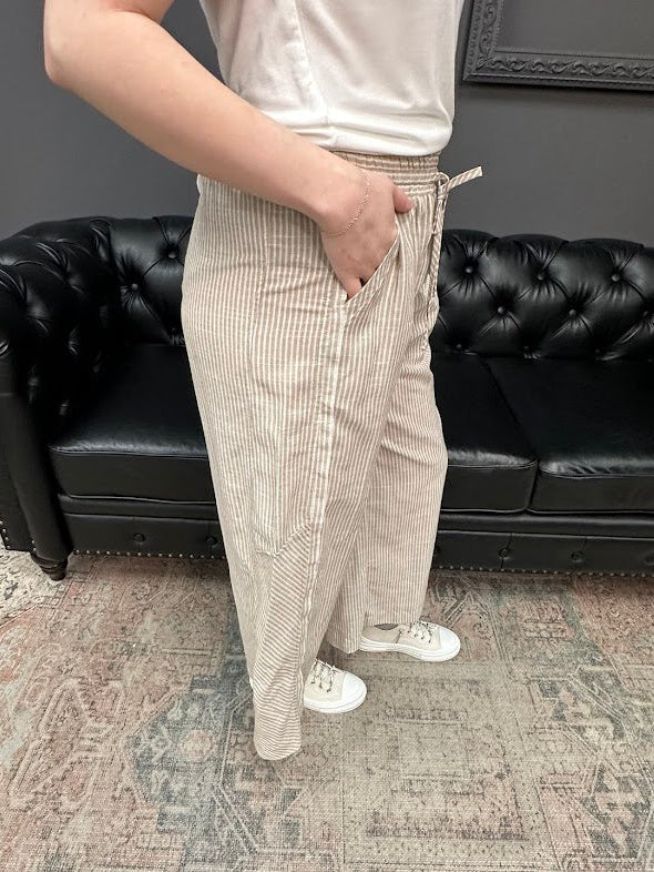linen blend pants, striped wide leg pants, elastic waist pants, summer pants, women’s linen pants, boutique bottoms, Gypsy River Apparel