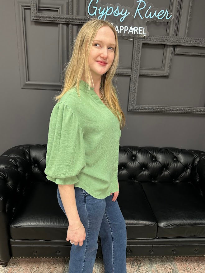balloon sleeve blouse, 3/4 sleeve blouse, women’s woven top, workwear blouse, boutique tops, everyday blouse, Gypsy River Apparel