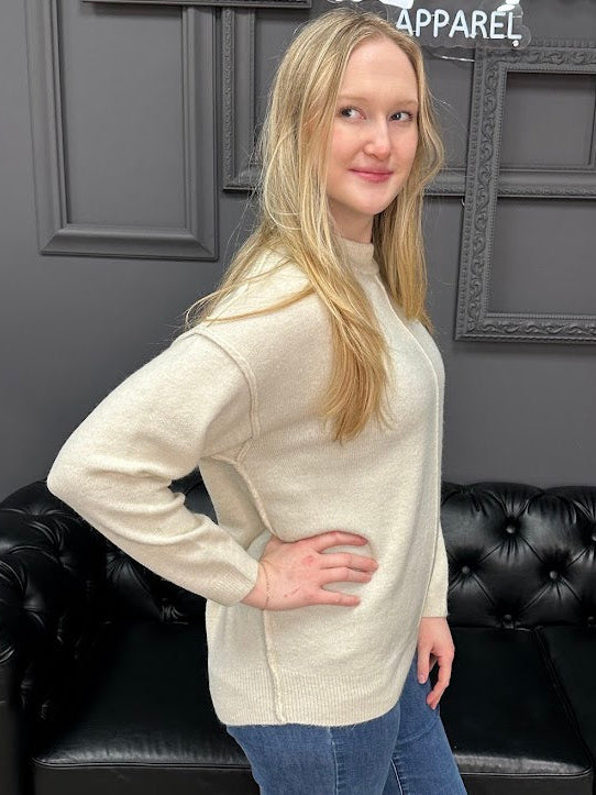 melange sweater, round neck sweater, relaxed fit sweater, front seam sweater, women’s knit sweater, boutique sweaters, Gypsy River Apparel