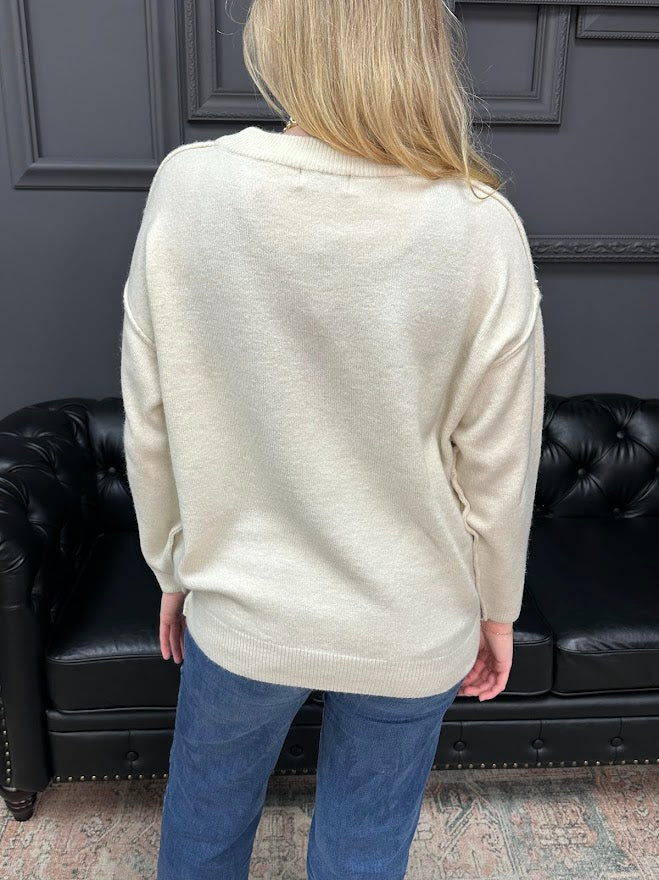 melange sweater, round neck sweater, relaxed fit sweater, front seam sweater, women’s knit sweater, boutique sweaters, Gypsy River Apparel