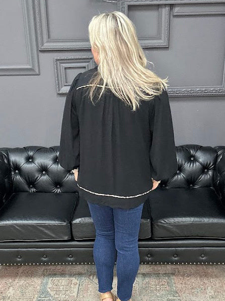 linen blouse, scallop hem top, women’s linen blouse, boutique blouse, bishop sleeve top, work to weekend blouse