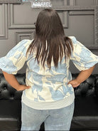 printed woven top, bubble sleeve top, women’s boutique top, contrast trim blouse, everyday blouse, casual work top