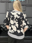 printed woven top, bubble sleeve top, women’s boutique top, contrast trim blouse, everyday blouse, casual work top