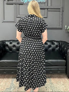 polka dot midi dress, black and white dress, smocked waist dress, boutique midi dress, regular and curvy dress, collared midi dress