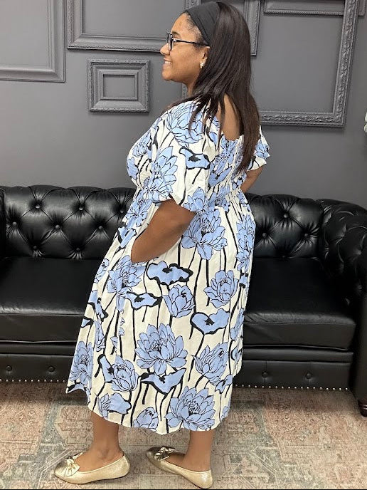 floral midi dress, puff sleeve dress, smocked midi dress, boutique floral dress, women’s midi dress, cotton floral dress