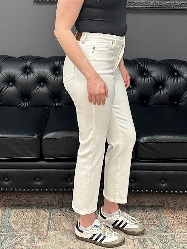 Judy Blue jeans, white ankle jeans, high rise jeans, tummy control jeans, women’s straight leg jeans, boutique denim, Gypsy River Apparel