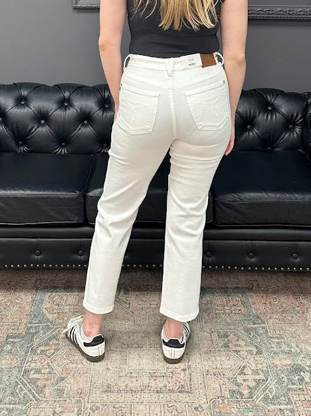 Judy Blue jeans, white ankle jeans, high rise jeans, tummy control jeans, women’s straight leg jeans, boutique denim, Gypsy River Apparel