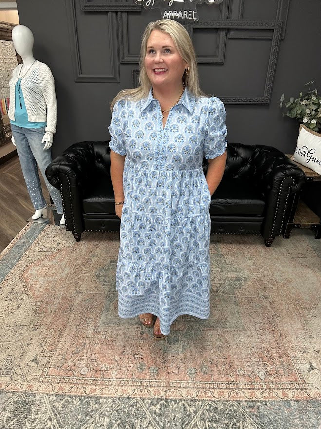blue midi dress, puff sleeve dress, tiered dress with pockets, printed midi dress, church dress, spring midi dress, feminine everyday dress
