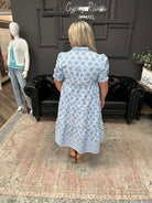 blue midi dress, puff sleeve dress, tiered dress with pockets, printed midi dress, church dress, spring midi dress, feminine everyday dress