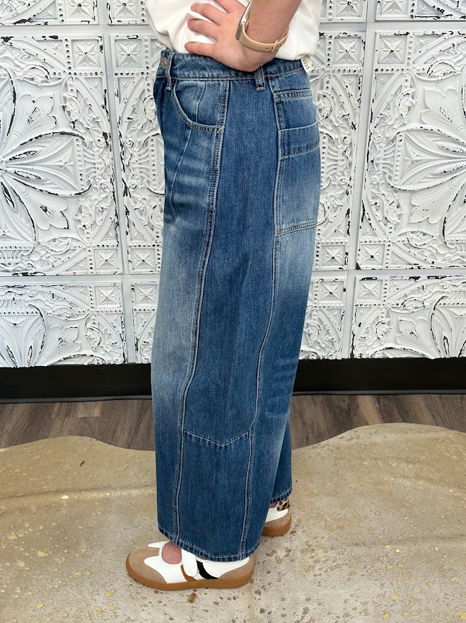 barrel jeans, mid rise denim, wide leg tapered jeans, rigid denim, trendy boutique jeans, relaxed fit denim, slouchy jeans